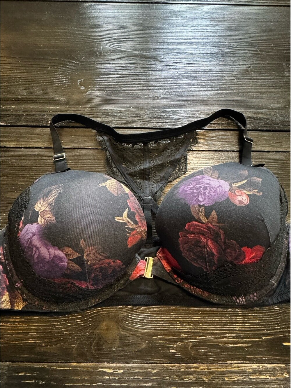 Cacique Boost Plunge Bra 42C Black Floral Lace Padded Underwire Lane Bryant